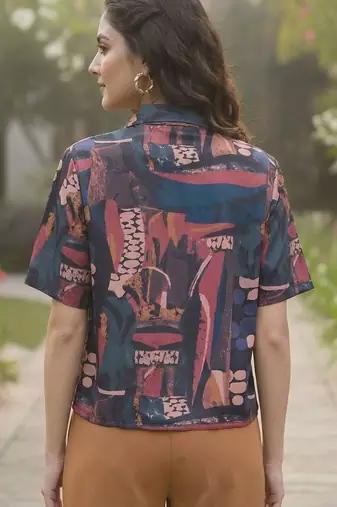 Print Monochrome Satin Shirt Style Top