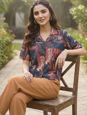 Print Monochrome Satin Shirt Style Top 6