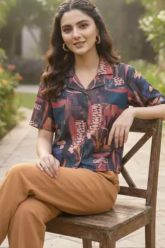 Print Monochrome Satin Shirt Style Top