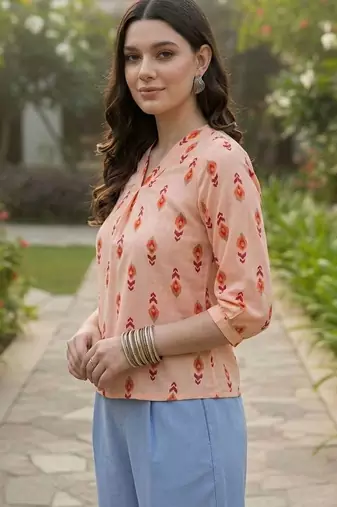 Print Puff Sleeve Ethnic Top