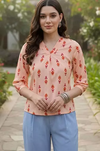 Print Puff Sleeve Ethnic Top