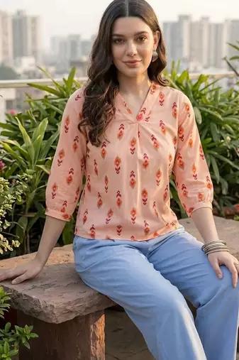 Print Puff Sleeve Ethnic Top