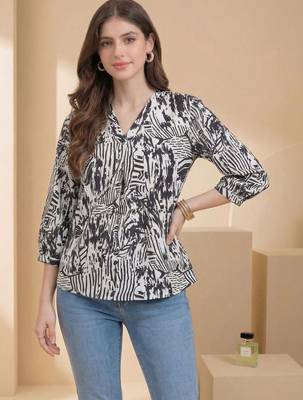 Geometric Print Puff Sleeve Satin Blend Top 1