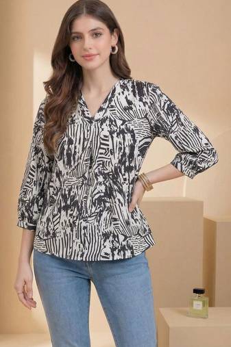 Geometric Print Puff Sleeve Satin Blend Top