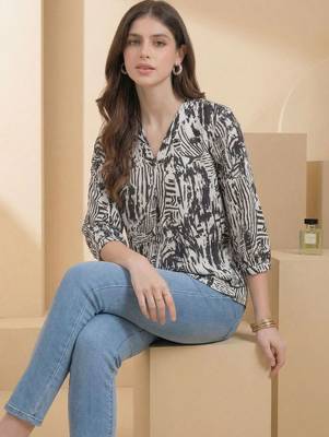 Geometric Print Puff Sleeve Satin Blend Top 2