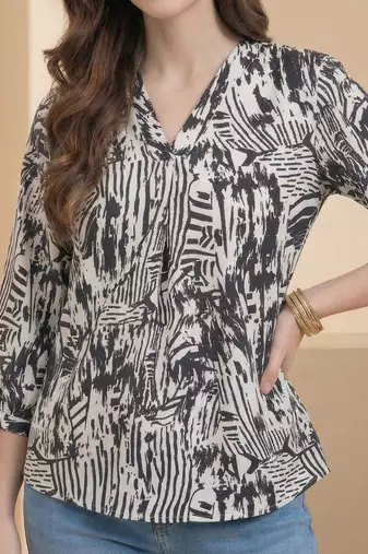 Geometric Print Puff Sleeve Satin Blend Top