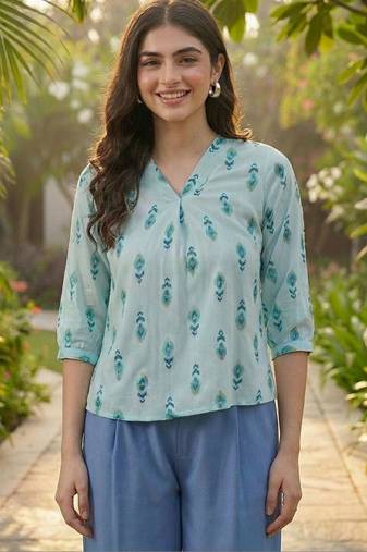 Print Puff Sleeve Ethnic Top
