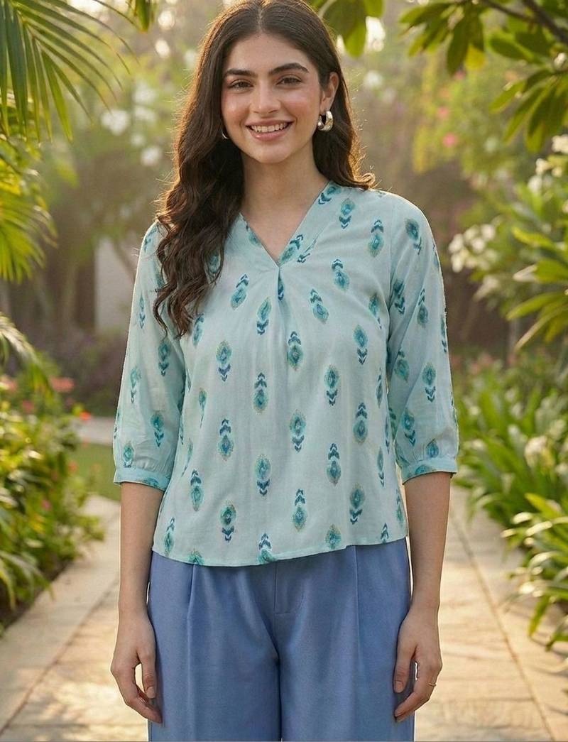 Print Puff Sleeve Ethnic Top