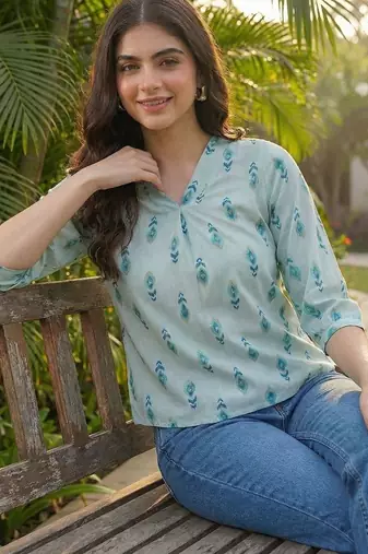 Print Puff Sleeve Ethnic Top