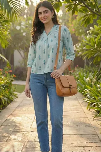Print Puff Sleeve Ethnic Top