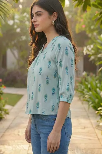 Print Puff Sleeve Ethnic Top
