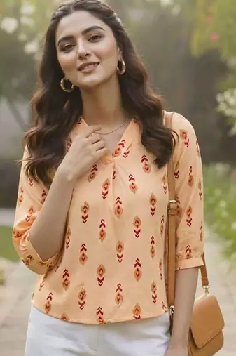 Print Puff Sleeve Ethnic Top