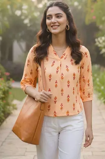 Print Puff Sleeve Ethnic Top
