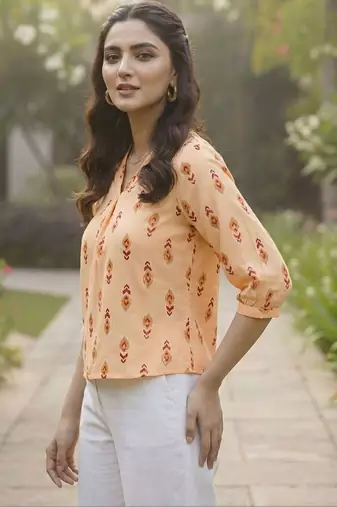 Print Puff Sleeve Ethnic Top