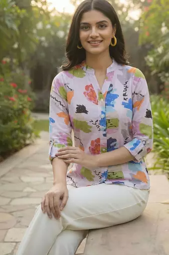 Floral Print Mandarin Collar Puff Sleeve Top