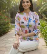Floral Print Mandarin Collar Puff Sleeve Top