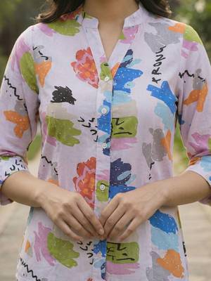 Floral Print Mandarin Collar Puff Sleeve Top 2