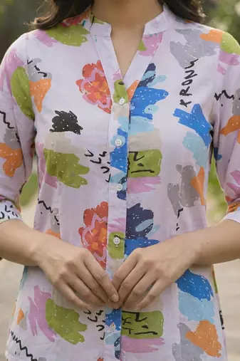Floral Print Mandarin Collar Puff Sleeve Top