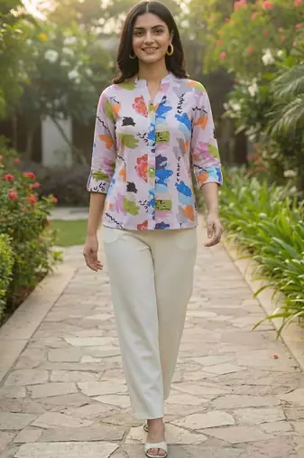 Floral Print Mandarin Collar Puff Sleeve Top