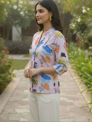 Floral Print Mandarin Collar Puff Sleeve Top 4