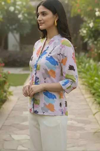 Floral Print Mandarin Collar Puff Sleeve Top