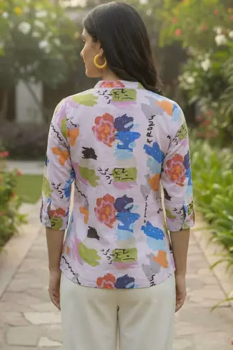 Floral Print Mandarin Collar Puff Sleeve Top