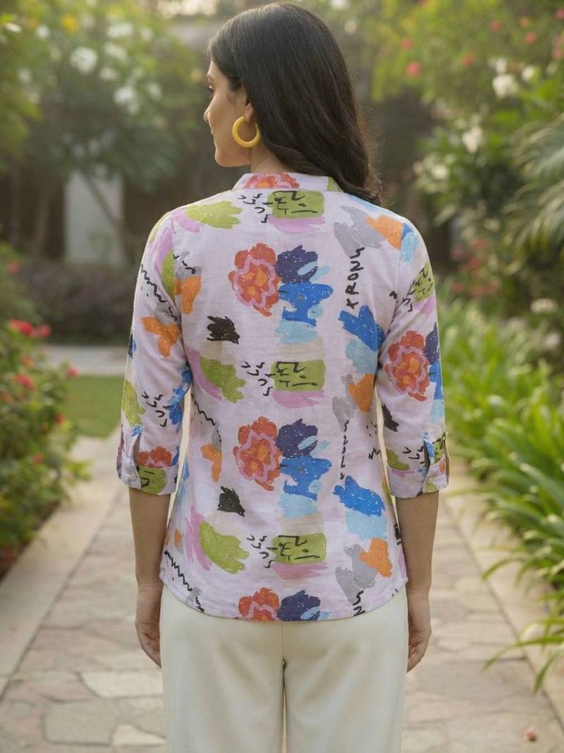 Floral Print Mandarin Collar Puff Sleeve Top
