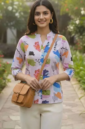 Floral Print Mandarin Collar Puff Sleeve Top