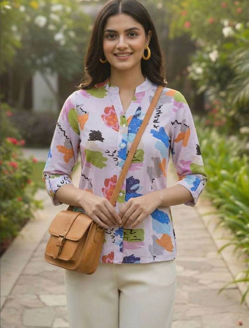 Floral Print Mandarin Collar Puff Sleeve Top