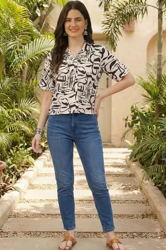 Print Monochrome Satin Shirt Style Top