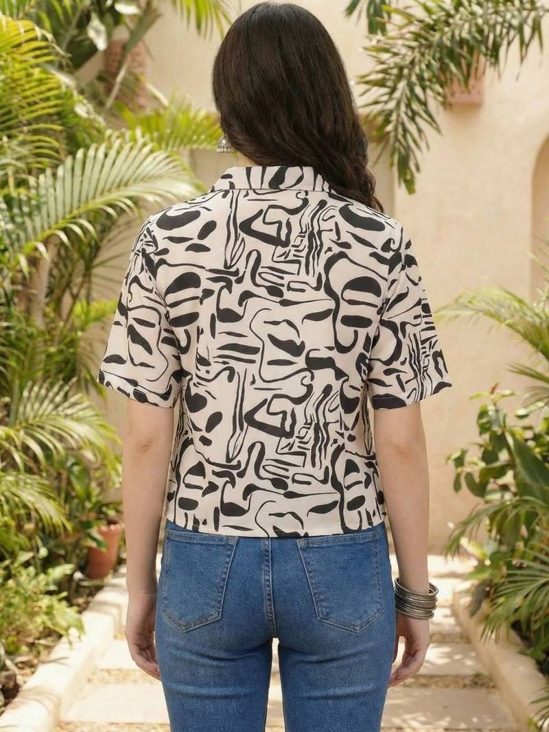 Print Monochrome Satin Shirt Style Top