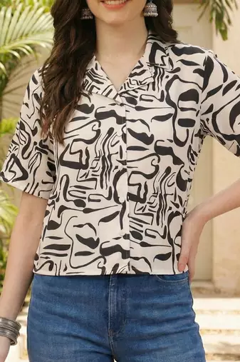 Print Monochrome Satin Shirt Style Top