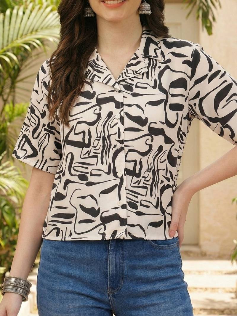 Print Monochrome Satin Shirt Style Top