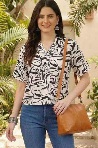 Print Monochrome Satin Shirt Style Top