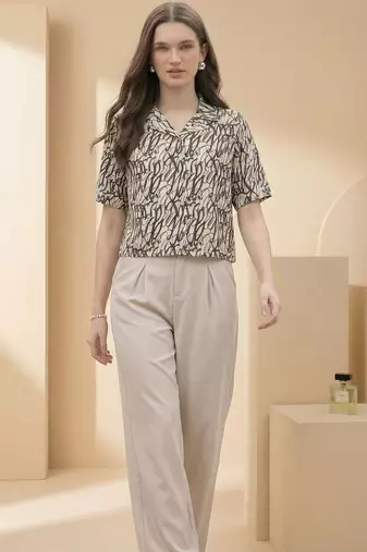 Print Monochrome Satin Shirt Style Top