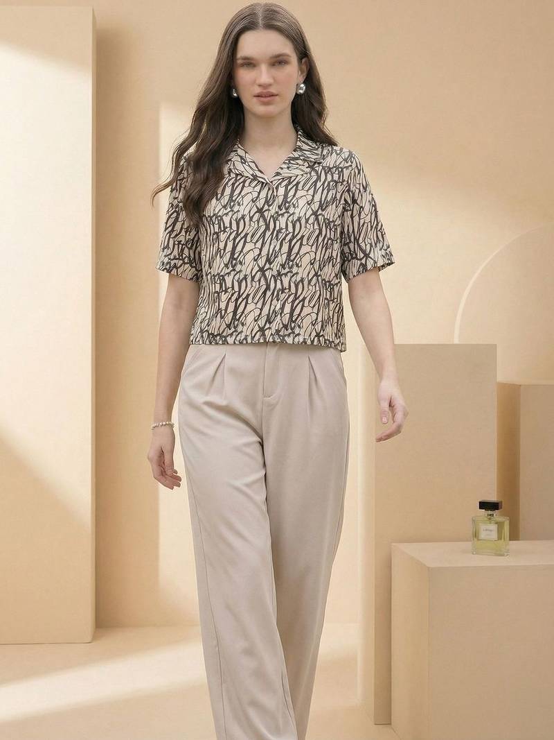 Print Monochrome Satin Shirt Style Top