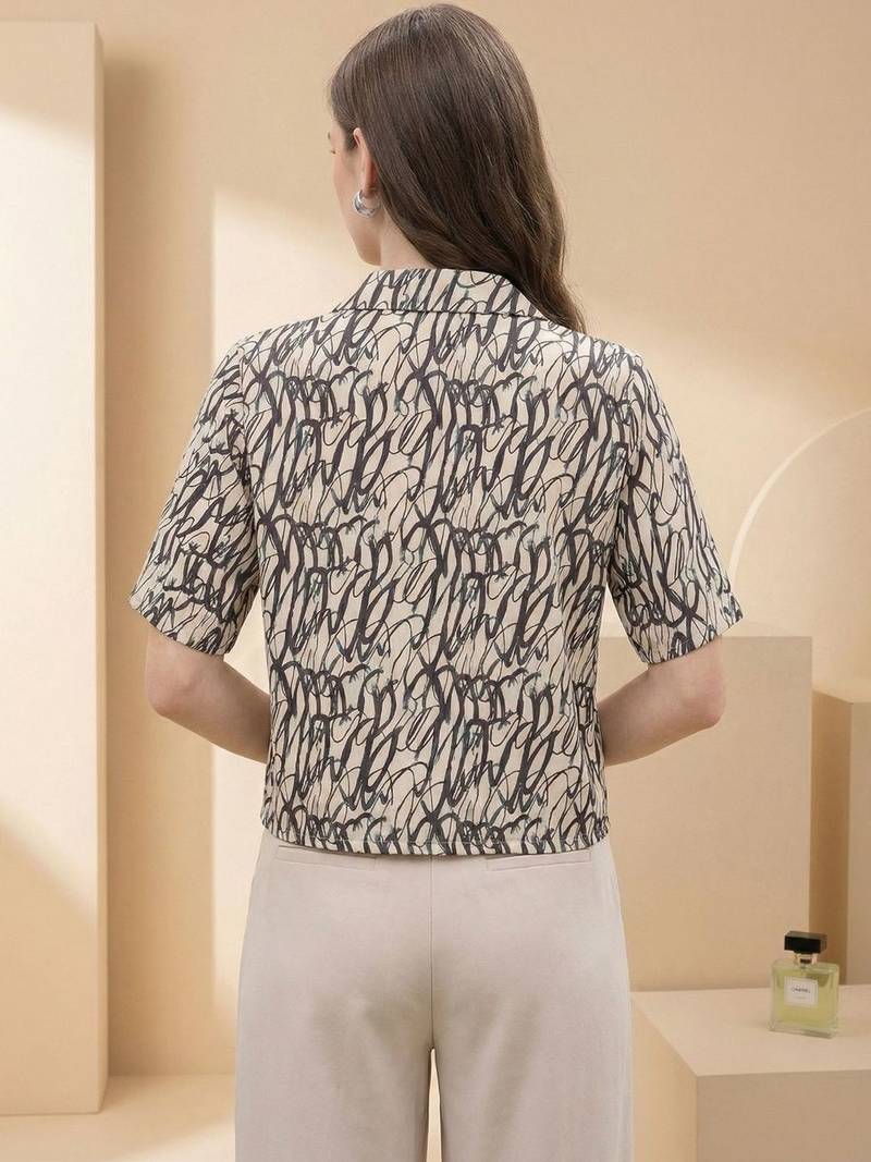 Print Monochrome Satin Shirt Style Top
