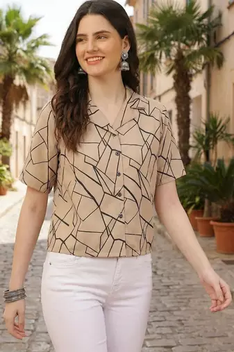 Geometric Print Satin Shirt Style Top