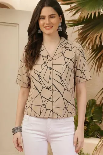 Geometric Print Satin Shirt Style Top