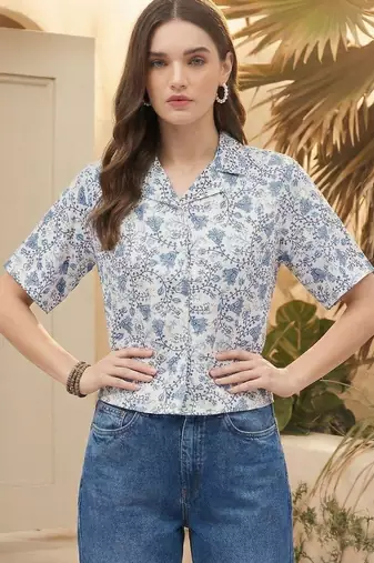 Floral Print Tropical Satin Shirt Style Top
