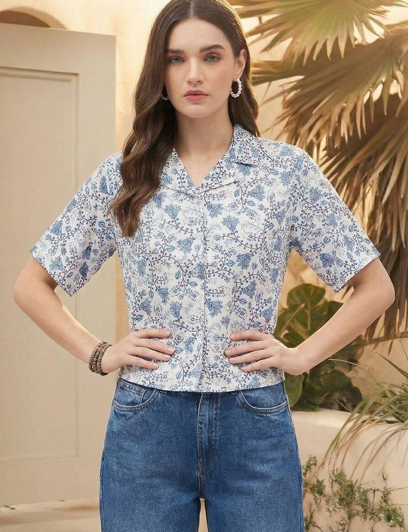 Floral Print Tropical Satin Shirt Style Top