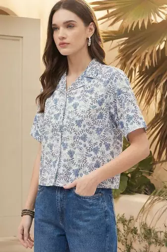 Floral Print Tropical Satin Shirt Style Top