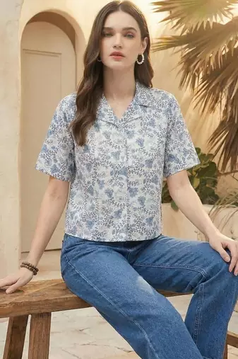 Floral Print Tropical Satin Shirt Style Top
