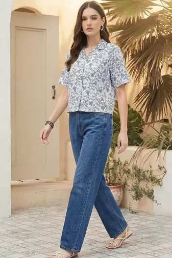 Floral Print Tropical Satin Shirt Style Top