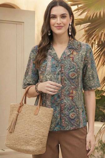 Print Ethnic Satin Shirt Style Top