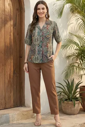 Print Ethnic Satin Shirt Style Top