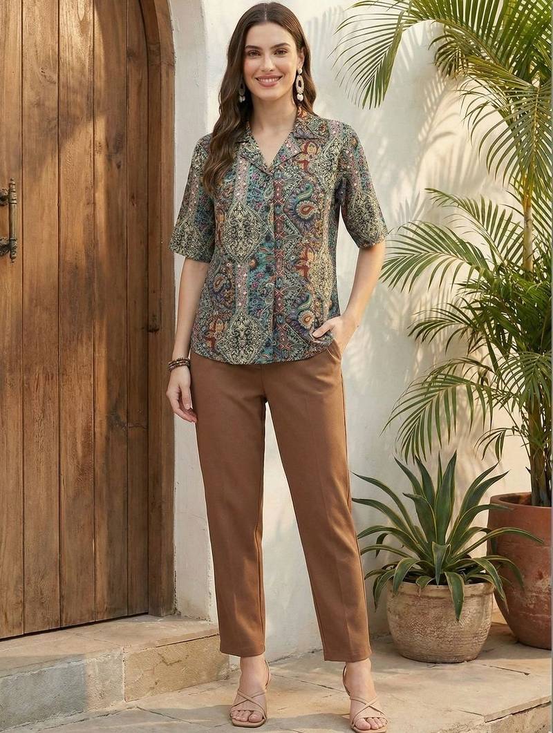 Print Ethnic Satin Shirt Style Top