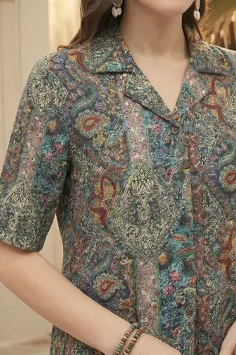 Print Ethnic Satin Shirt Style Top