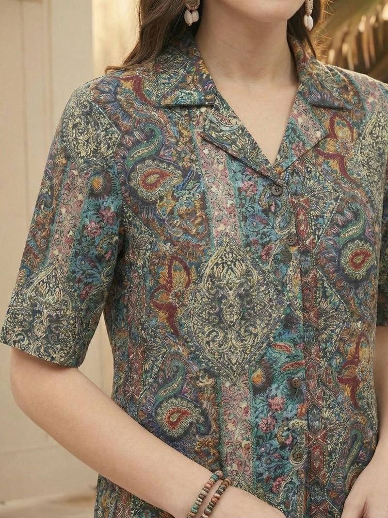 Print Ethnic Satin Shirt Style Top
