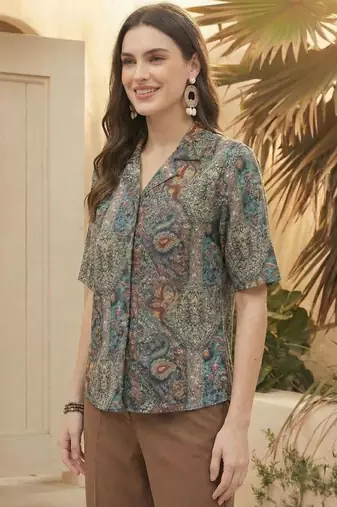Print Ethnic Satin Shirt Style Top